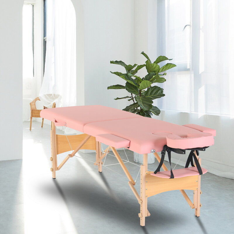 Mesa de massagem de beleza dobrável com perna de faia, 186x60x60cm, altura ajustável, versátil, rosa/branco [estoque na eua]