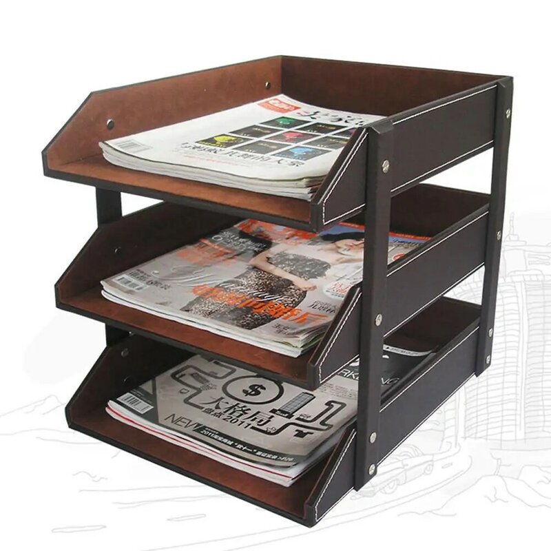 High Quality PU Leather Document Tray Office File Rack Shelf Wooden Magazine Holder A4 Letter File Organizer