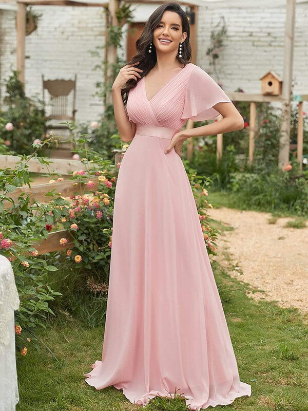 Kobiety różowe suknie dla druhen długa elegancka linia podwójna dekolt V Ruffles szyfonowa formalna suknia ślubna nowa długa suknia balowa