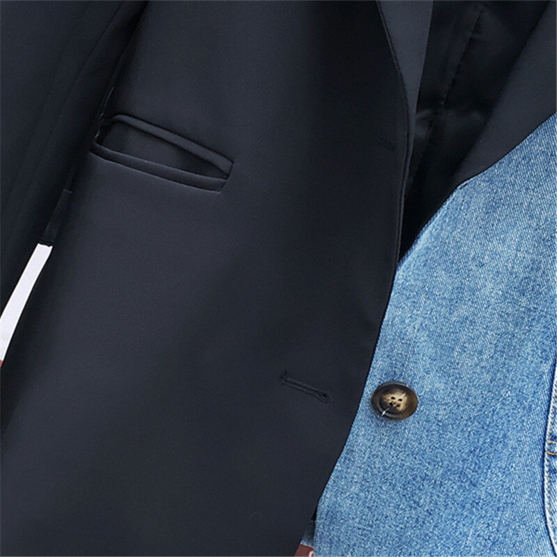 Женский Джинсовый блейзер в стиле пэчворк, высококачественный черный пиджак на одной пуговице, СВОБОДНЫЙ Модный женский Блейзер, пальто, ос...