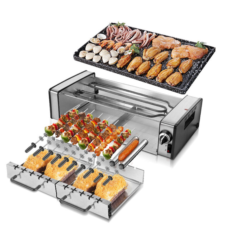 Elektrische Grill Huishoudelijke Rookloze Barbecue Machine Automatische Roterende Kebab Barbecue Keuken Bakplaat
