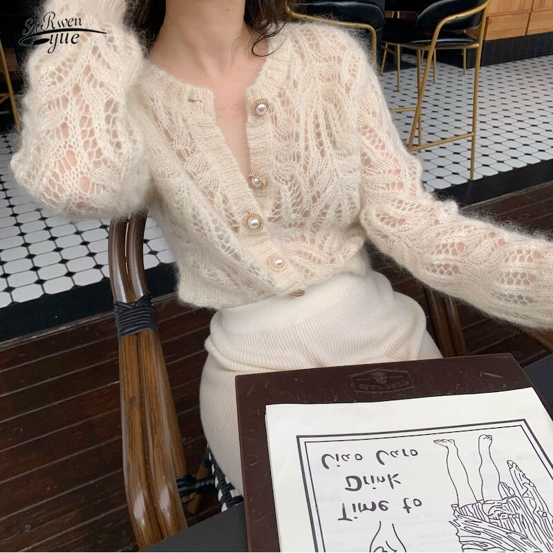 2022 new sweater autumn white openwork knitted cardigan french mohair coat sweater female air-conditioning suit 16179