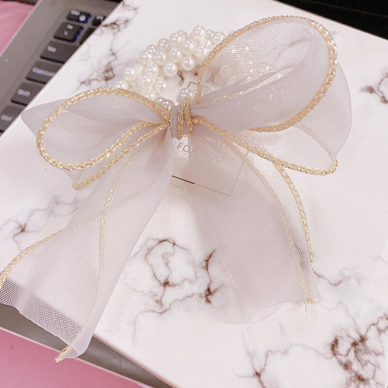 Ikat Rambut Mutiara Korea Pita Rambut Elastis Pita Rambut Simpul Kupu-kupu Renda Aksesoris Topi Perhiasan Mewah untuk Wanita Anak Perempuan