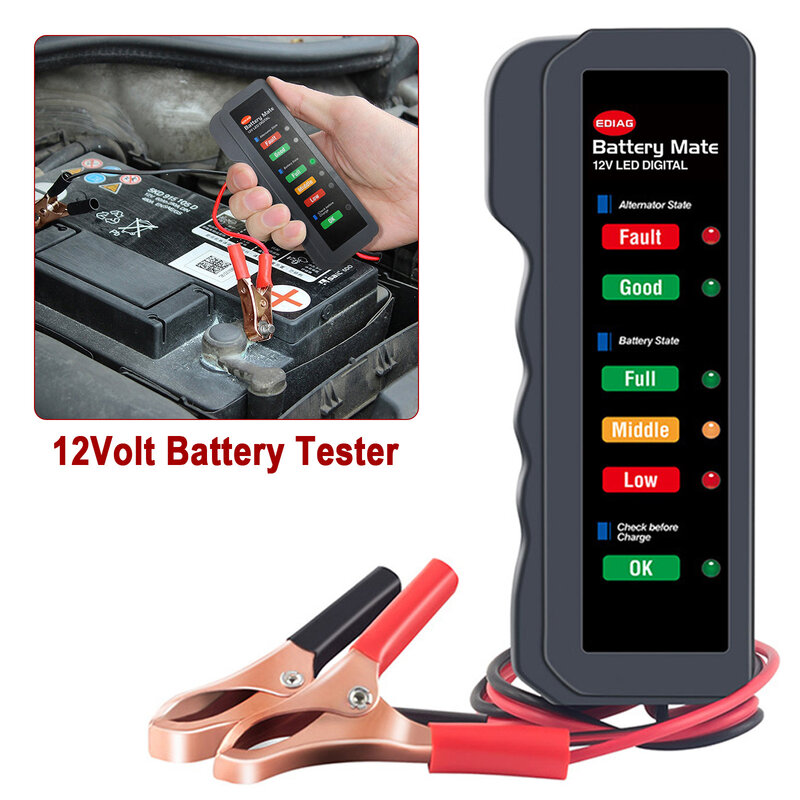 Mini 12v testador de bateria carro alternador testador digital 6 luzes led display ferramenta diagnóstico do carro para nissan audi bmw toyota vw