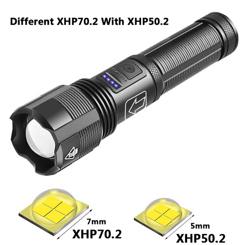 500000LM Led Flashlight High Quality XHP70.2 XHP50.2 Tactical Hunting Torch Usb Rechargeable Zoomable Lantern 18650 AAA Battery