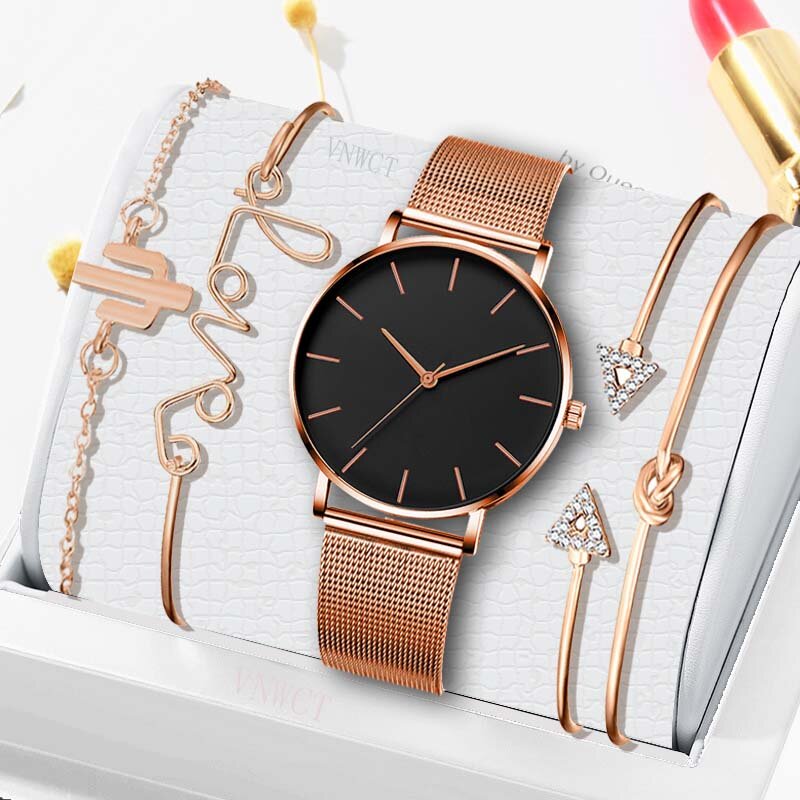 Relógios femininos moda senhoras relógio de quartzo pulseira colar casual ultra-fino malha aço esportes relógio dourado conjunto