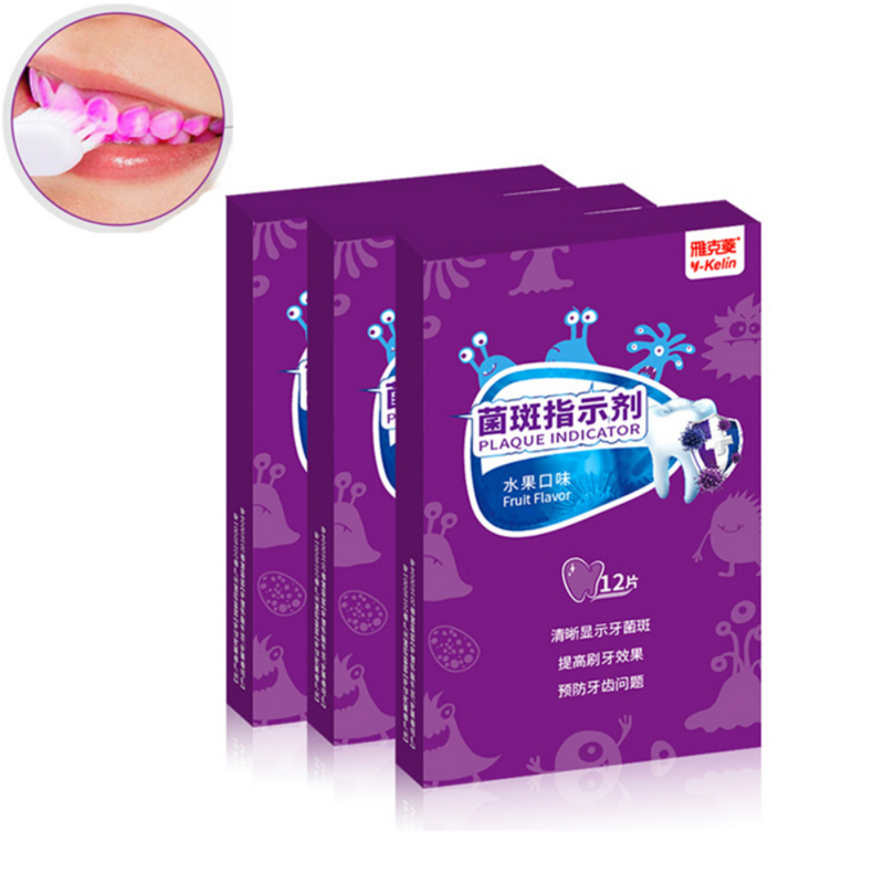 Y-kelin tablet plak penghilang gigi, agen deteksi ungu untuk gigi sikat anak-anak dewasa (12/36/60 tab) & 1/3/5 kotak