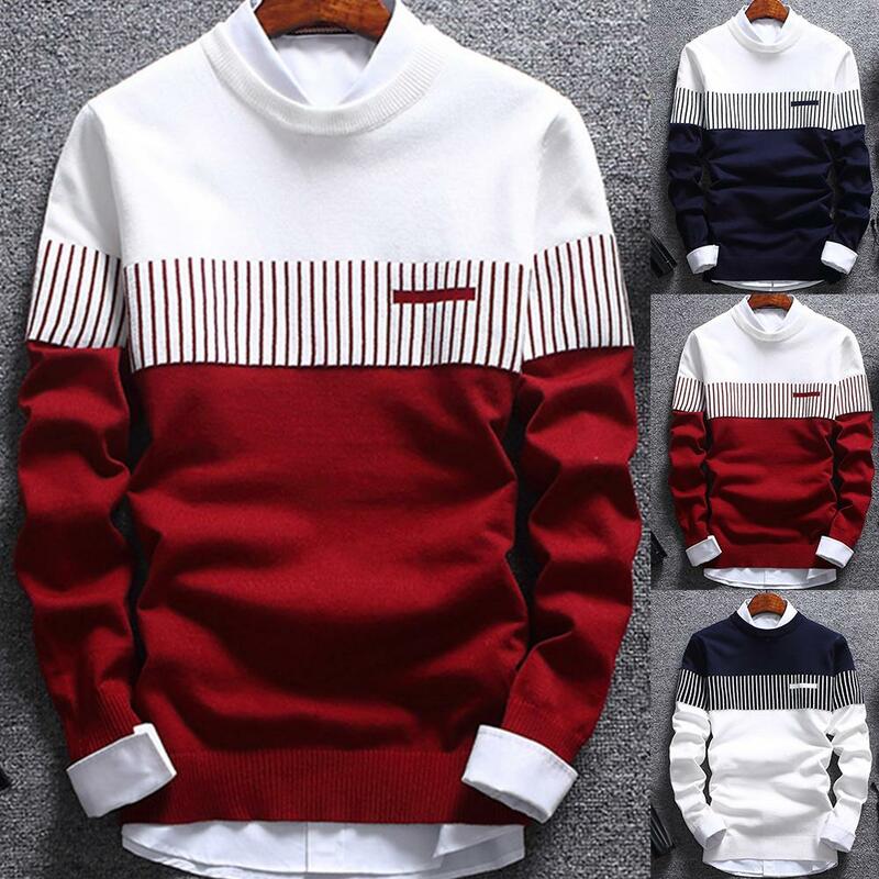 Fashion Men striped Sweater pullover Color Block Patchwork O Neck Long Sleeve Knitted Sweater Top Blouse For Warm Men's Clothing