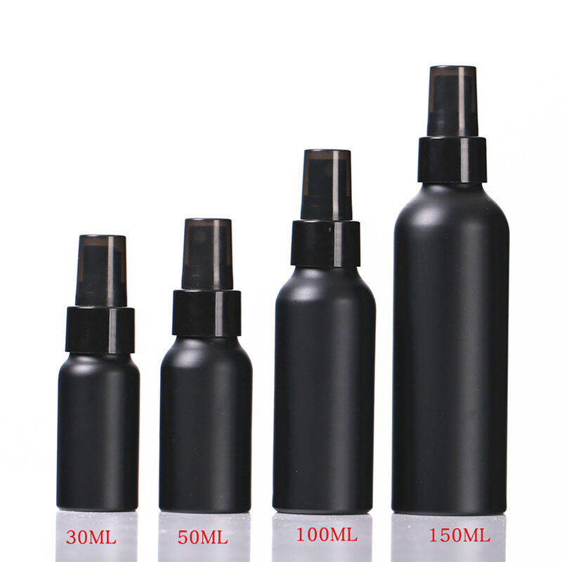 Garrafa spray portátil para viagem, garrafa de alumínio preta vazia 30ml 50ml 100ml, recipiente de embalagem, acessórios de viagem