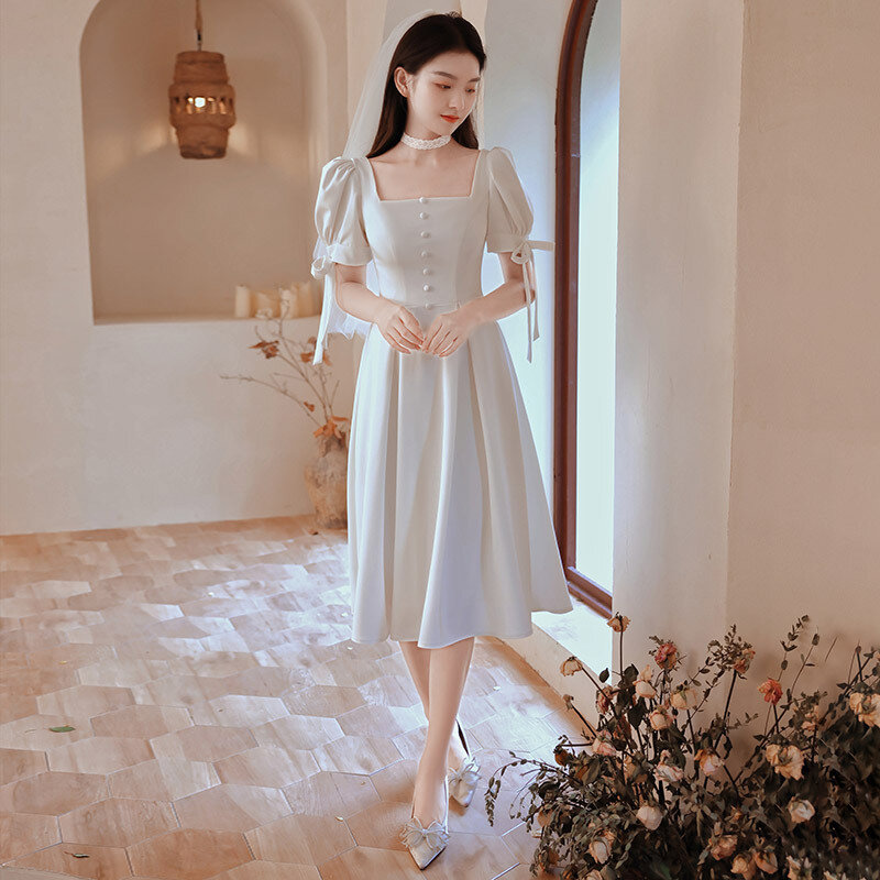Women Long  Evening Dress Boat-Neck Tea Length Party Gowns None Trailing High Split Smooth Chiffon Formal Prom Dresses