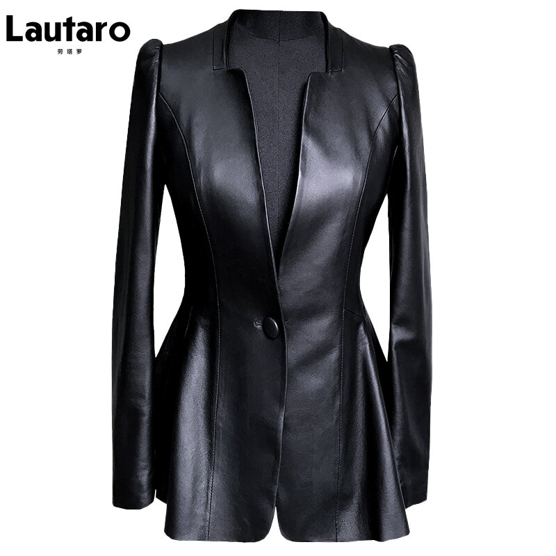 Lautaro Осенняя черная тонкая женская куртка из мягкой искусственной кожи с глубоким v-образным вырезом и длинным рукавами-фонариками Элегантный роскошный весенняя кожаный пиджак с юбкой