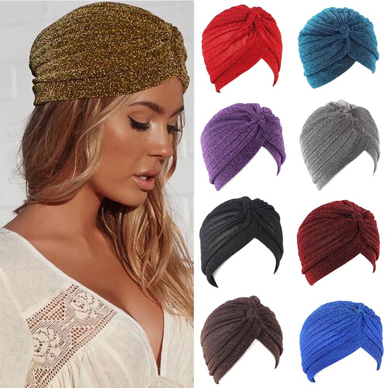 ผู้หญิง Shine Silver Gold Knot Turban ฤดูใบไม้ร่วงฤดูหนาว Warm Headbands หมวก2020หญิงอินเดียหมวก Headwear ลำลอง Streetwear