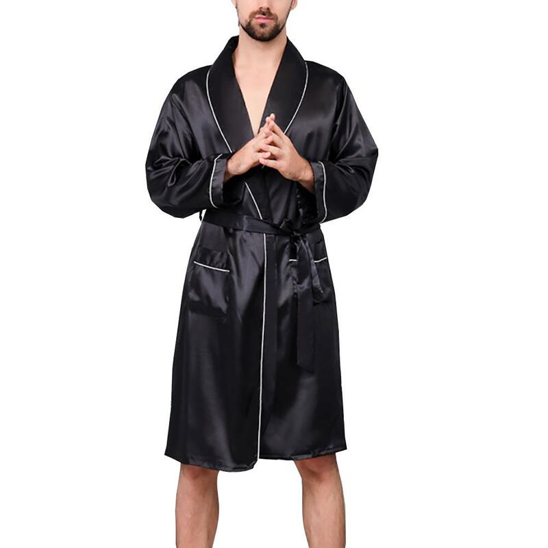 Sommer Männer Robe Imitation Seide mit Taschen Taille Gürtel Bad Robe Hause Kleid Nachtwäsche