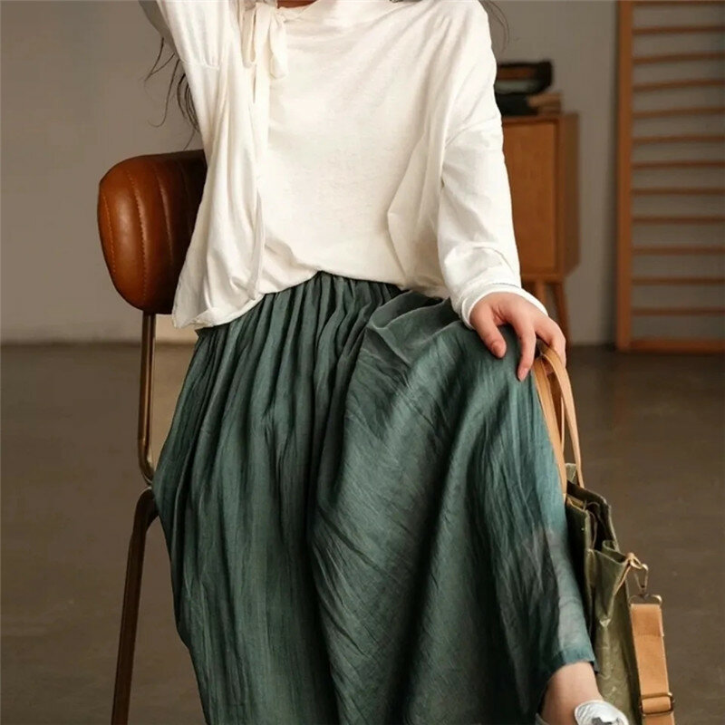 สีทึบกระโปรงกระเป๋า Casual ผ้าลินินยืดหยุ่นเอว2023เสื้อผ้าสตรีหลวม All-Match Vintage คุณภาพสูง A-Line กระโปรงใหม่