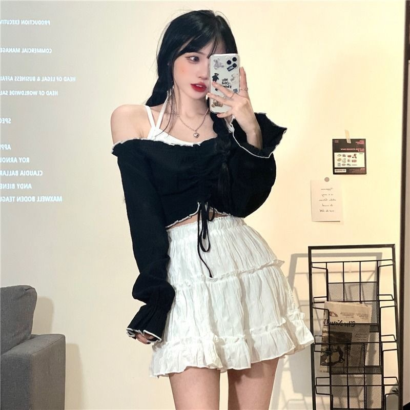 Sets Women Femme 2 Pieces Solid Ulzzang High Street Preppy Style Lovely Basic Crops Tops V-neck Sexy Club Wear Fit Autumn Ropa
