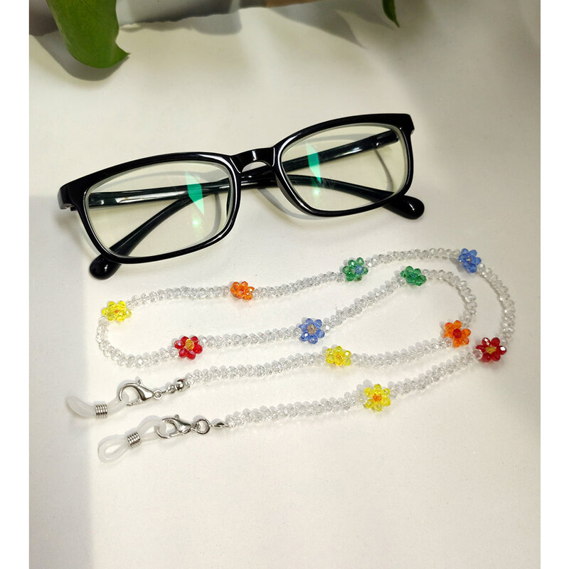Óculos de sol de cristal coreano com cordão para máscara, cordão para leitura óculos de sol correntes transparentes com miçangas acessórios de joias