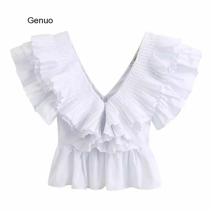 Blusa plisada con volantes para mujer, Camisa de popelina con manga de mariposa, color blanco liso, LS6380