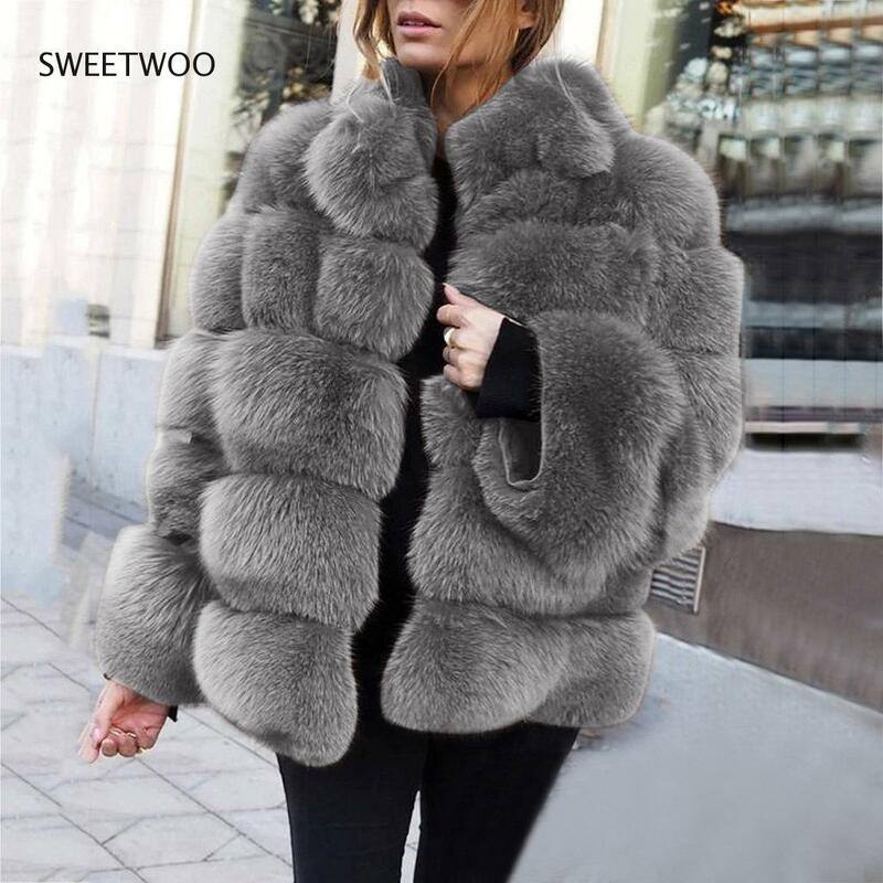Europäische und Amerikanische Mode frauen 2021 Faux Pelzmantel, weibliche Faux Fuchs Pelz Spleißen Faux Pelzmantel Elegante Dicke Warme Jacke