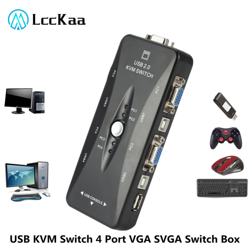 LccKaa-conmutador USB KVM, conmutador de 4 puertos VGA SVGA, USB 2,0 KVM, conmutador de ratón, teclado, 1920x1440, caja divisora Vga, interruptor para compartir