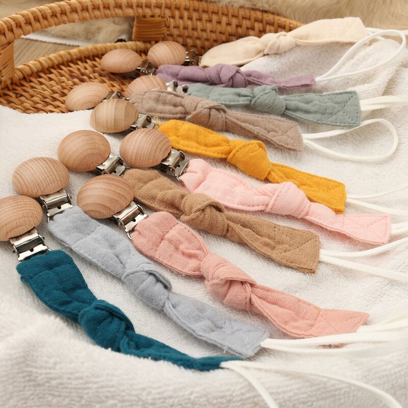 1pc Cotton Baby Pacifier Clip Chain Beech Wood Pacifier Clip Solid Color Soother Holder Infant Teething Chain