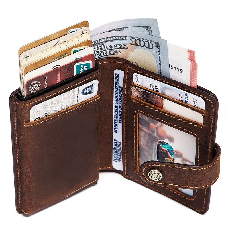 Porta carte di credito business portafoglio uomo metallo RFID borsa in alluminio Vintage custodia in pelle di cavallo pazzo porta carte di credito nuovo