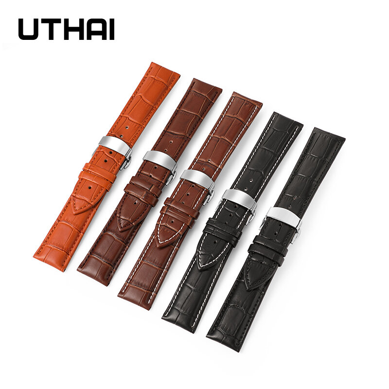 UTHAI Z09 Watchbands 12-24mm Universal Watch Butterfly Buckle Band Steel Buckle Strap 20mm 22mm cowhide watch band