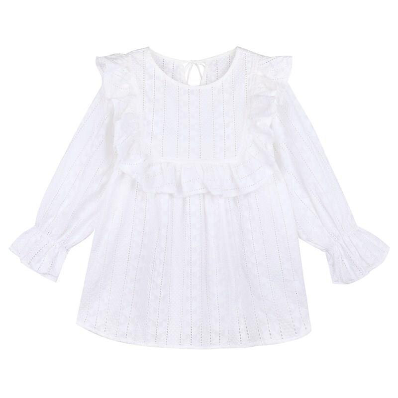 Blusa holgada con bordado calado para mujer, camisa blanca con volantes, blusa de encaje, primavera y verano, novedad, D315