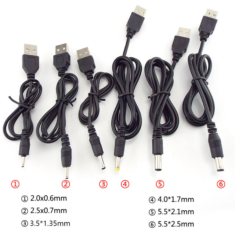 DC Power Extension Cable Connector, 5V Plug Jack, USB para DC, 3.5x1.35mm, 2.0x0.6mm, 2.5x0.7mm, 4.0x1.7mm, 5.5x2.1mm, 5.5x2.5mm