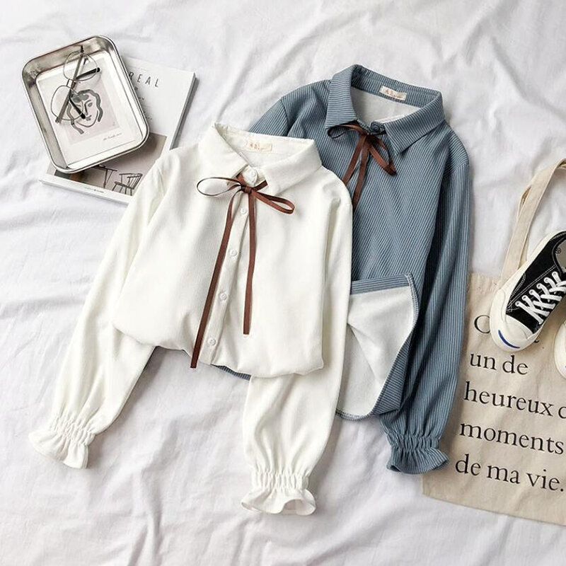 Camisa de manga acampanada para mujer, blusa de estilo universitario con pajarita coreana, blusas elegantes e informales, primavera y otoño, 2020