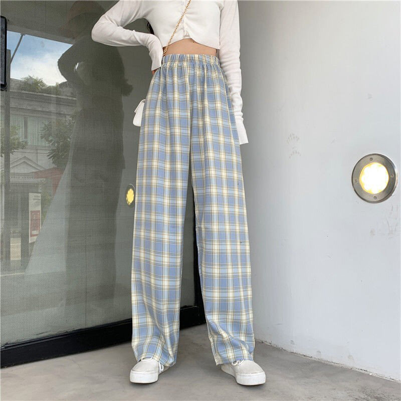 Hot Selling Women's Straight Wide Leg Pants Casual High Waist Plaid Print Relaxed Fit Long Pants