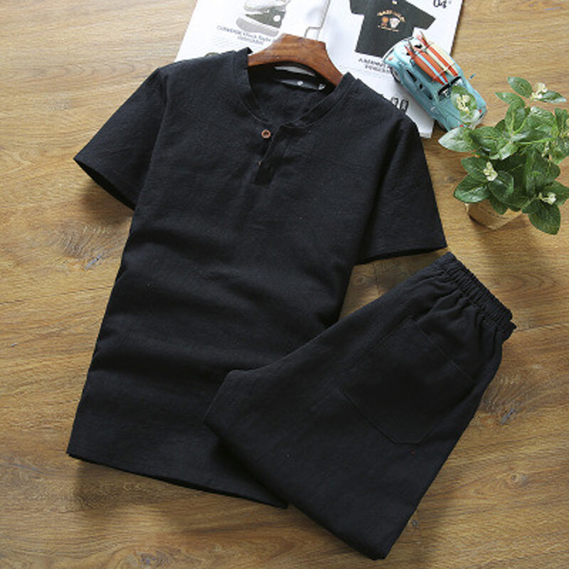 T-shirt + pantaloncini con scollo a v manica corta in lino da uomo in stile cinese estivo Set di costumi orientali traspiranti