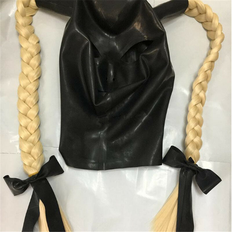 Hot Adults Game Sexy Latex Hood rubber Mask with hairpieces wigs Two bunch pony tails straw Plaits with back zipper hair toys
