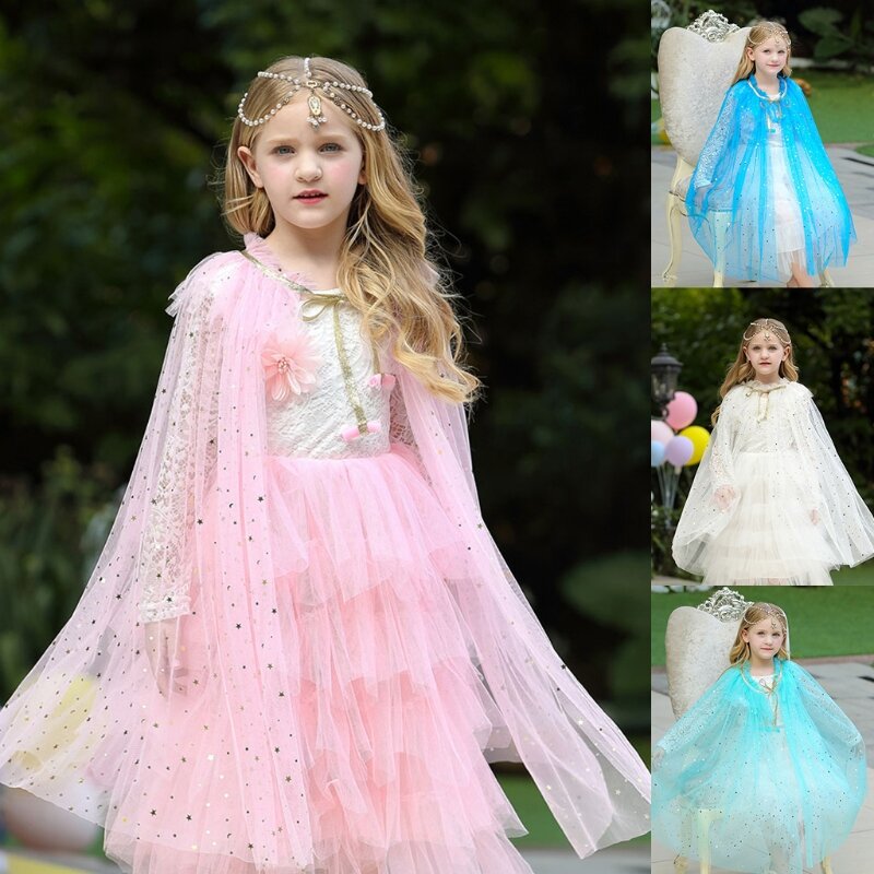 Kids Girl Fairy Cape Princess Candy Color Glitter Star Sequins Cloak Tulle Shawl NEW