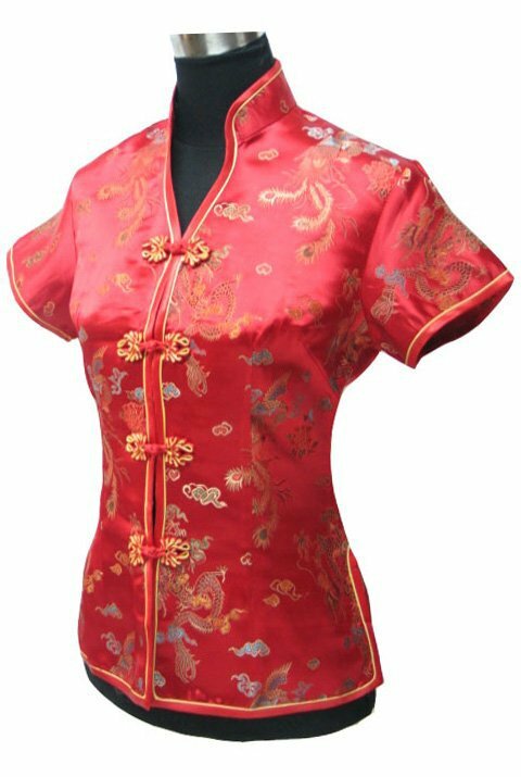 Promocja niebieski chiński styl kobiety letnia bluzka koszulka z dekoltem v topy satyna jedwabna strój Tang Top S M L XL XXL XXXL JY0044-4