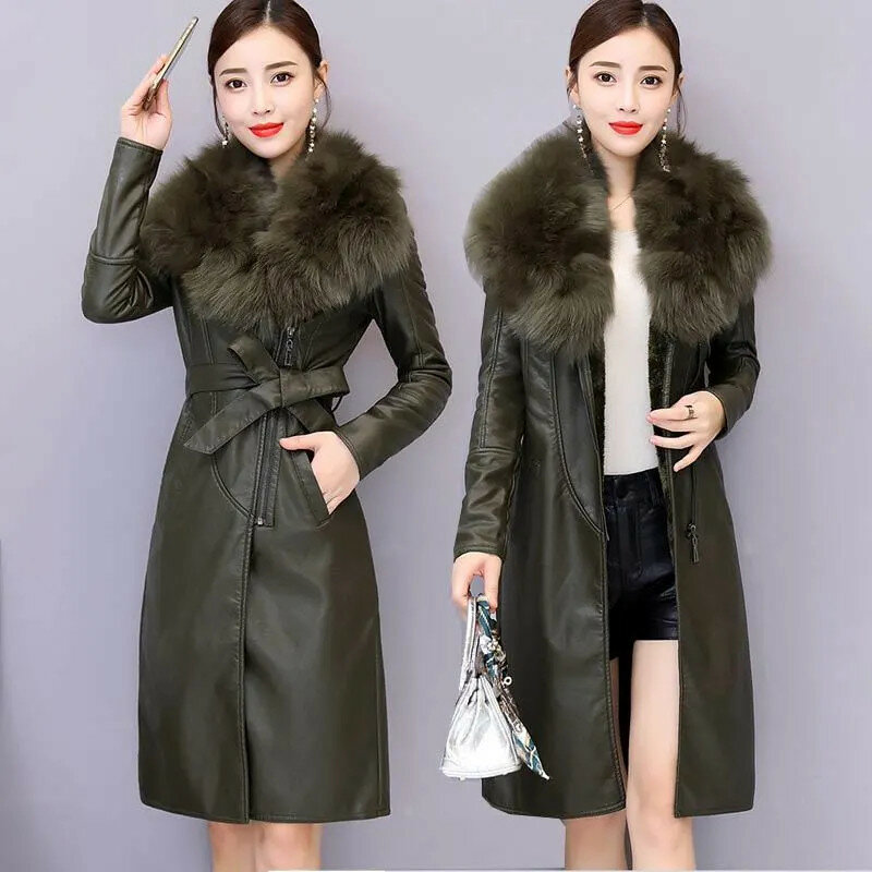 Women Winter Jacket 2023 Leather Cotton Padded Parkas Long Thicked Warm Add Velvet PU leather Jacket Female Winter Coat W2356