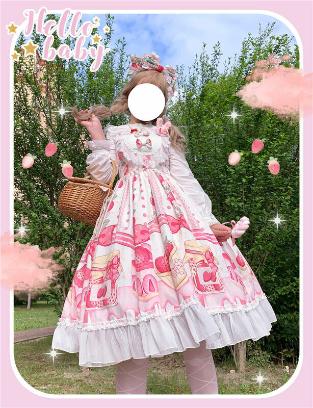 Japanese soft sister Lolita strawberry cake lace edge stitching high waist Lolita jsk dress female summer Sleeveless dress