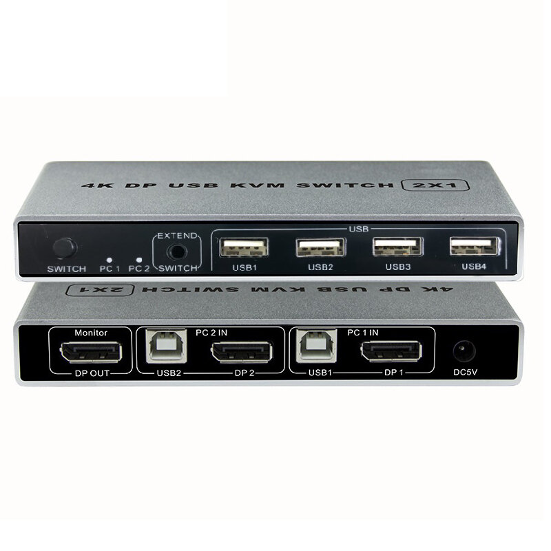 Nuovo Arrivo-Displayport KVM Switch 4K/60Hz, dual-Port DP 1.2 KVM Switcher 2 in 4 Out per la Condivisione Della Stampante Tastiera Mouse (EU Plu