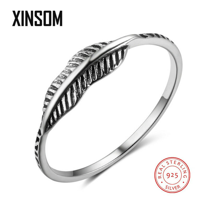 Женские винтажные кольца XINSOM из 100% настоящего стерлингового серебра 925 пробы, модные кольца в форме перьев для вечеринок, ювелирные украшен...