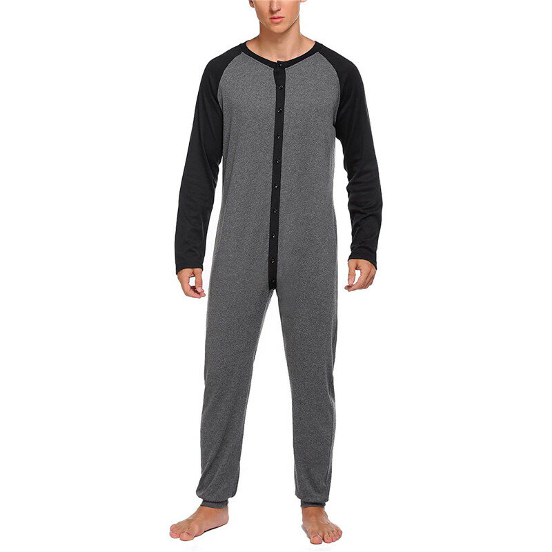 2021 Nachtwäsche Langarm Color block Patchwork einteilige Pyjamas lässig Homewear Nachthemd Männer Knöpfe Jumps uit Nachtwäsche