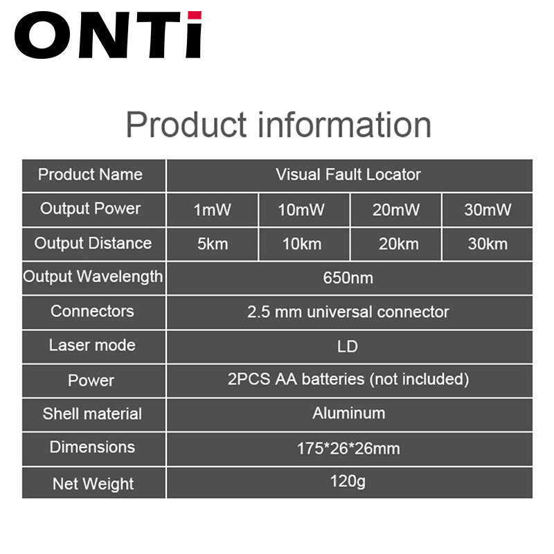 ONTi-Localizador Visual de Fallos, probador de Cable de fibra óptica, rango de 5-30KM, bolígrafo de luz láser roja, tipo SC/FC/ST, 30MW/20MW/10MW/5KM