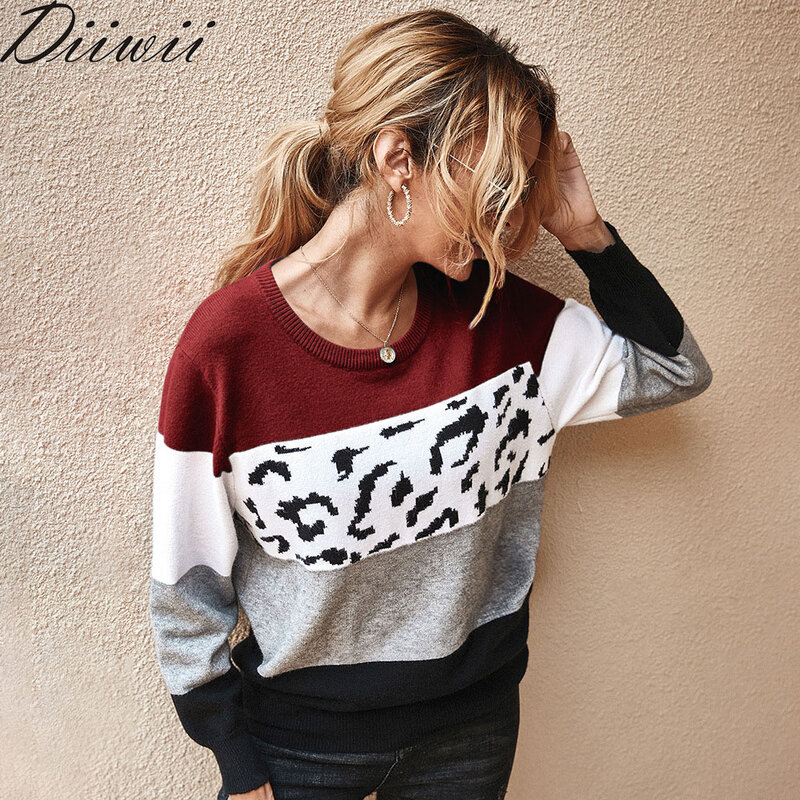 Diiwii 컬러 블록 레오파드 긴 소매 여성 캐주얼 느슨한 점퍼 Streetwear 가을 Pullovers 니트 스웨터 패치 워크