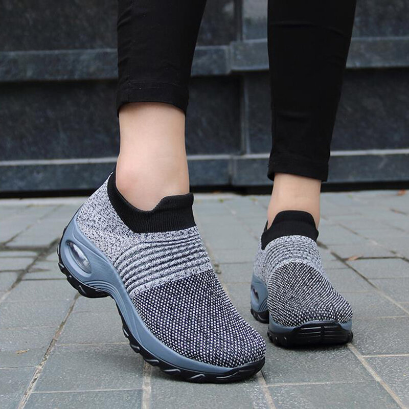 DAHOOD Women Running Walking Shoes Hot Autumn New Mesh Breathable Knit Ladies Mix Colors Sneakers Soft Platform Slip On Loafers