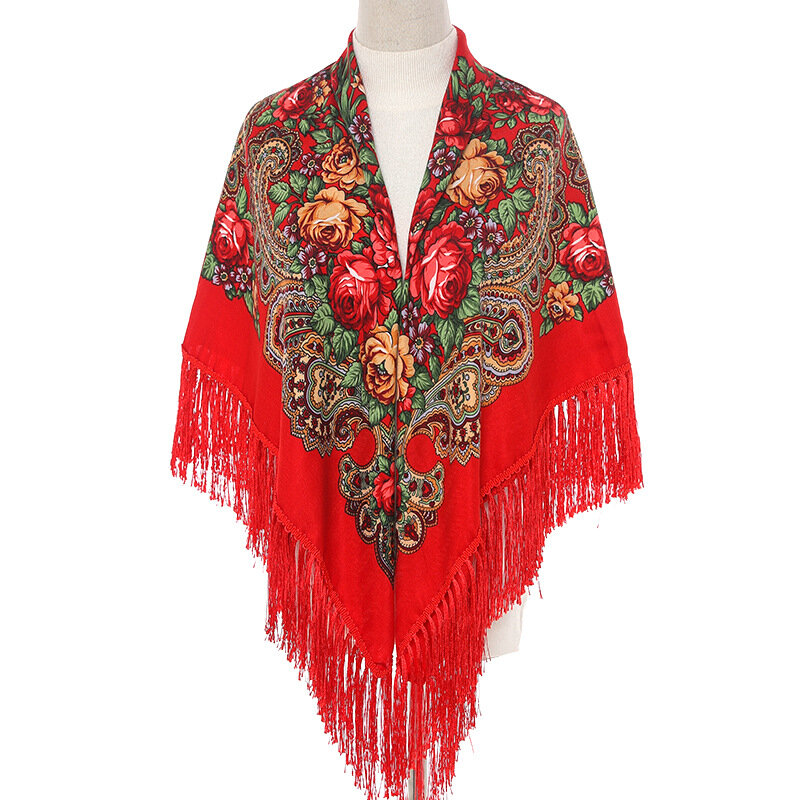 Bufanda cuadrada grande de estilo ruso para mujer, chal Retro de algodón con flecos, Hijab, chal étnico, 135x135cm