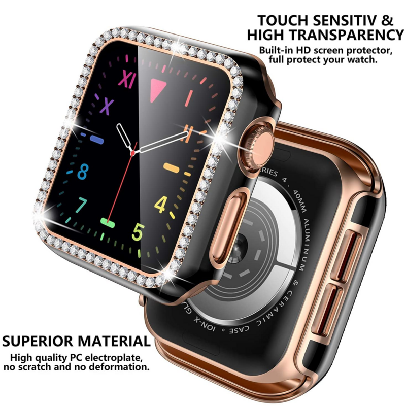Bling Diamond Bumper e Protetor de Tela para Apple Watch, Capa de Vidro, Case, 45mm, 44mm, 41mm, 40mm, 38mm, 42mm, iWatch Série 9, 8, 7, 5, 6, 4, SE