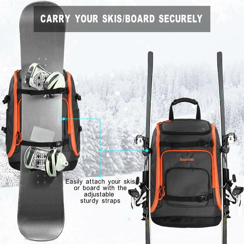 Soarowl-調節可能な防水バッグ付きスキーブーツバッグ、スキーバックパック、ブーツ、ヘルメット、衣類、大容量、配置可能、65l