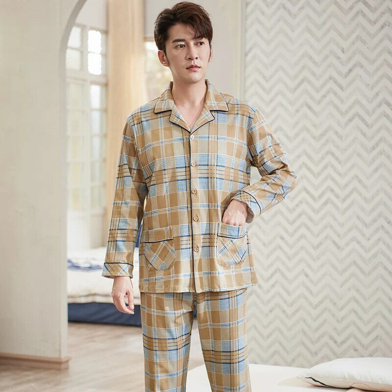 Herfst Winter Lange Mouw Man Pyjama Sets 100% Katoen Afdrukken Plaid Pyjama Mannen Casual Nachtkleding Homewear Plus Size Pijamas Hombre