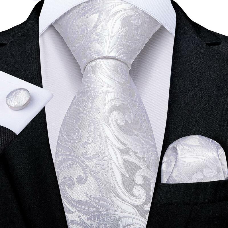 2024 New Men's Ties White Floral Hanky Cufflinks Set Silk Neck ties For Men Wedding Party Business Mens Tie Fashion Brand Hi-Tie