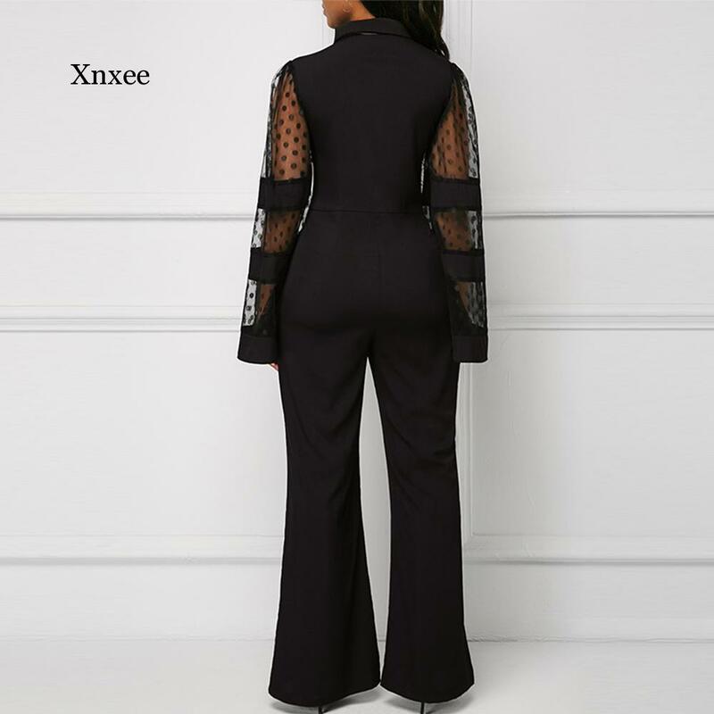 Szerokie nogawki body dla kobiet 2021 wiosna czarna elegancka siateczka Mesh Dot wysokiej talii urząd Lady pajacyki kombinezon w stylu Casual kombinezony