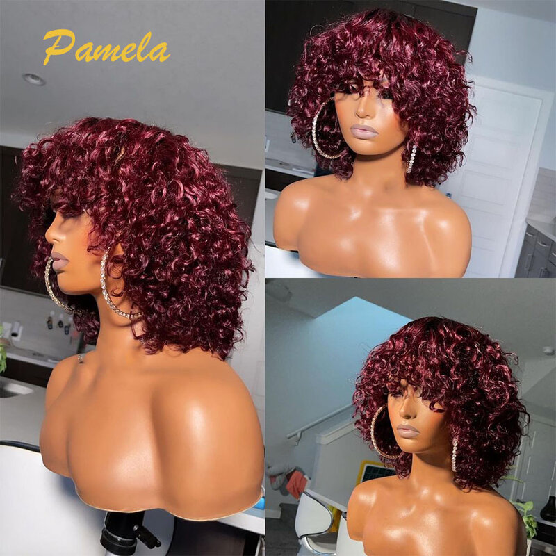 Short Curly Pixie Cut Bob Burgundy Colored Human Hair Glueless Wig Ready To Wear 250% Density Full Machine Wig With Bangs