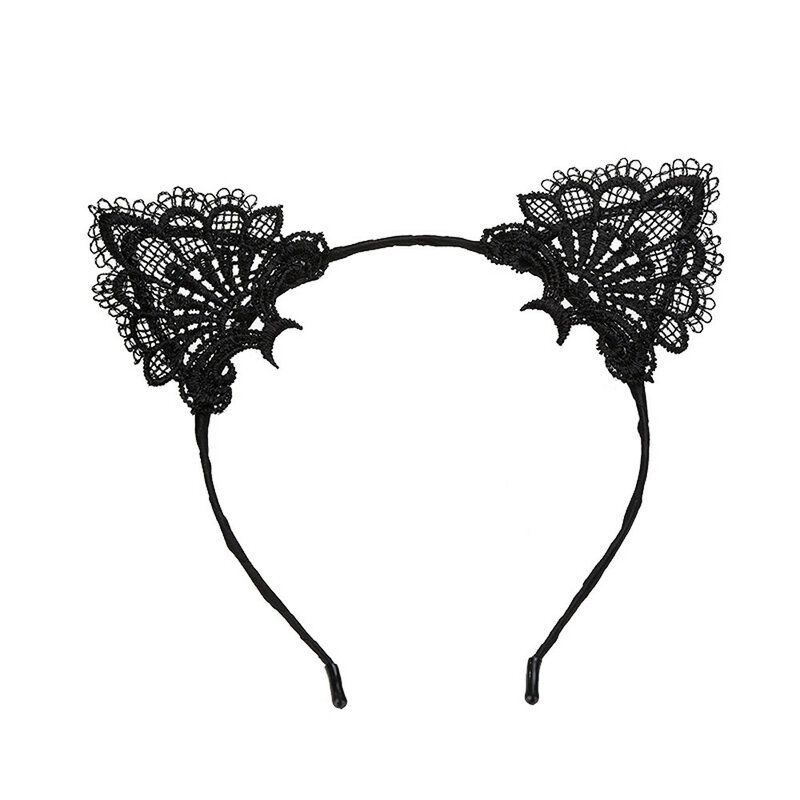 Diadema Sexy de encaje para mujer, accesorios de ropa, cadena de cabeza de oreja de gato encantador negro, joyería de 20cm, diadema de poliéster para vacaciones, 1PC